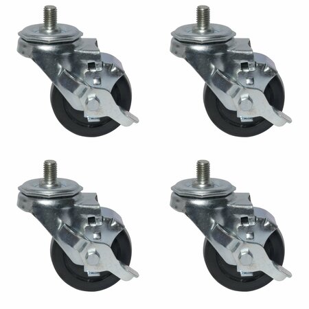 BK RESOURCES 3-inch Threaded Stem Casters, Polyolefin Wheels, Brake, 220lb Capacity, Chemical Resistant, 4PK 3SBR-15ST-LDP-PS4